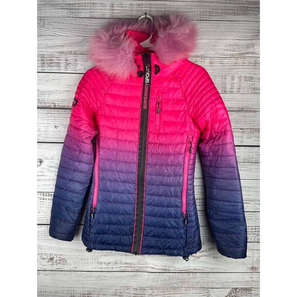 Superdry Power Fade Jacket Pink Purple Ombre Fur Lined Hood Size US 2 Ski Coat - Picture 2 of 15
